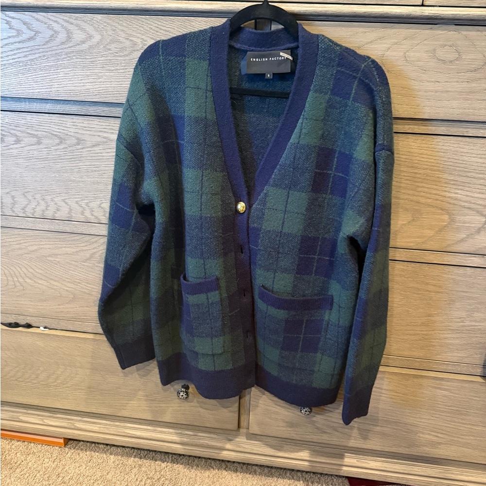 English Factory Navy and Forest Green Plaid Cardigan